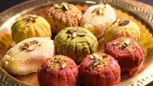 Close up of assorted colorful sweets on a golden decorative plate with pistachio garnish on each one