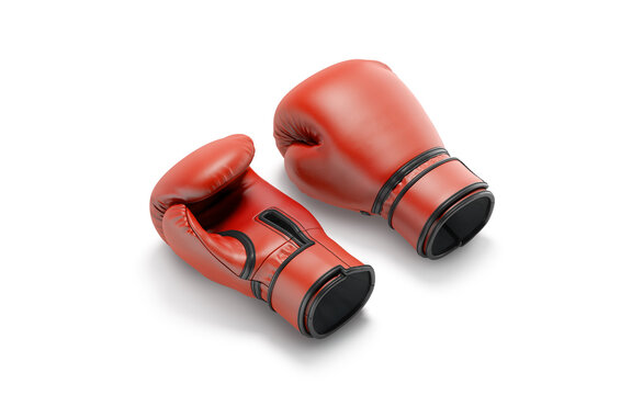 Blank red boxing gloves mockup lying, front and back, isolated