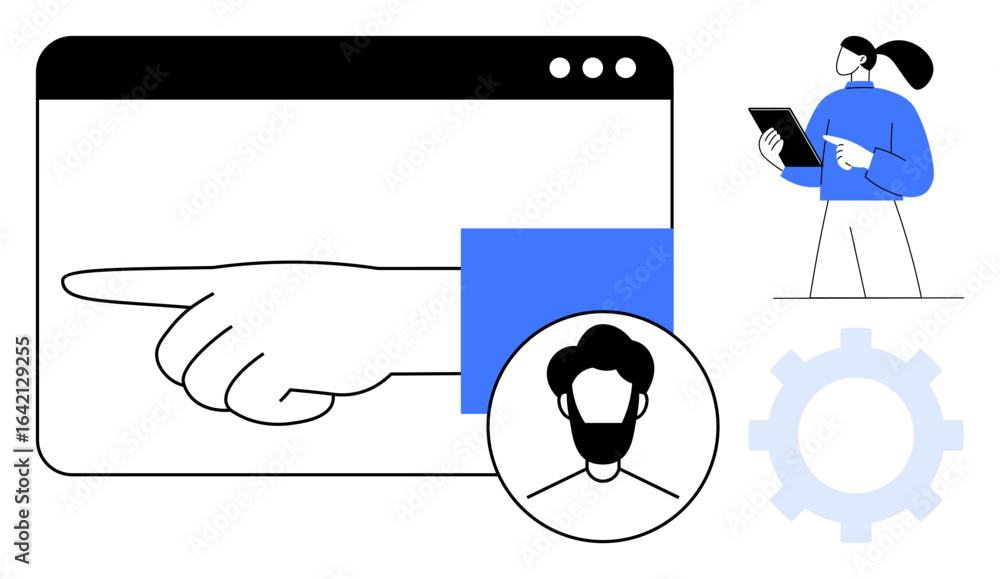 Poster window with pointing hand, user avatar, professional holding tablet, gear icon. ideal for teamwork, 