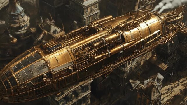 Aerial view of ornate airship over city buildings, steam era tech