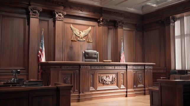 Empty American courtroom featuring judge's bench, US flags, and eagle scales of justice emblem