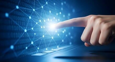 A finger pressing a button on a digital background with binary code and network connections