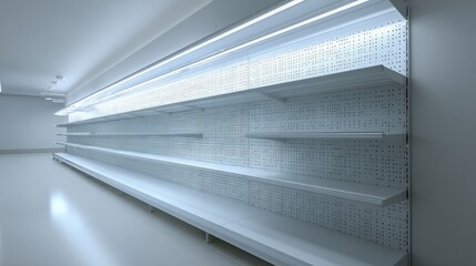 Empty White Retail Shelves in Store Awaiting Products, Ready for Merchandising and Stocking