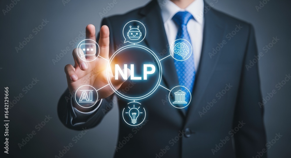Poster nlp technology concept: businessman demonstrating natural language processing application with digit