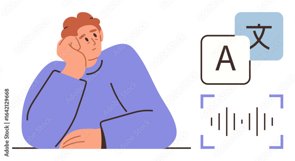 Poster thoughtful individual resting on hand with translation-related icons including text in two languages
