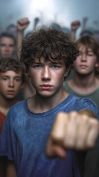 Young person faces crowd with raised fist representing bullying oppression mistreatment abuse persecution torment harassment mobbing hounding discrimination teasing taunting.