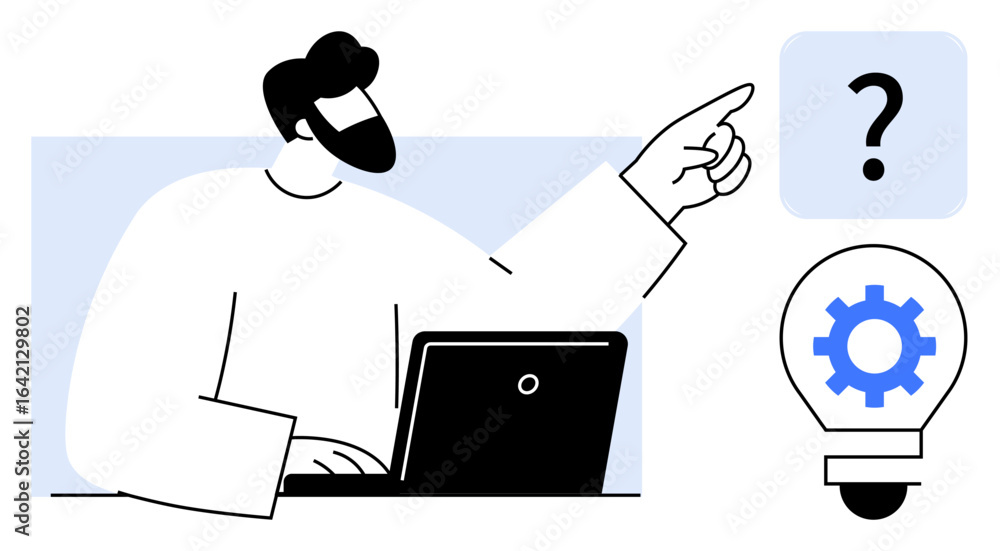 Poster man typing on laptop and pointing to question mark above lightbulb with gear. ideal for problem-solv