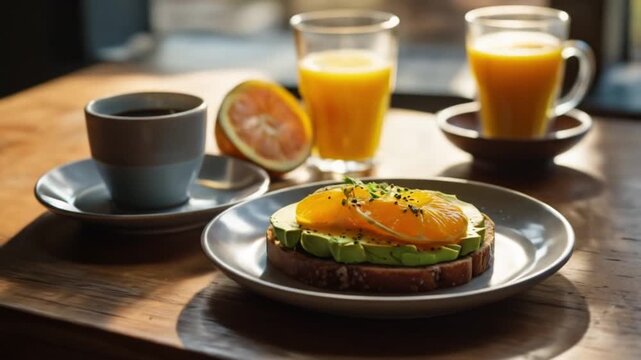 Caf&eacute; da manh&atilde; saud&aacute;vel com torrada de abacate, suco de laranja fresco e uma x&iacute;cara de caf&eacute; em uma mesa de madeira, luz suave da manh&atilde;