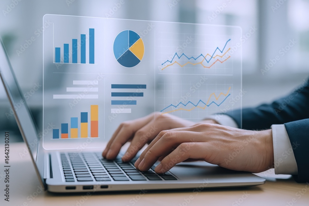Poster data analysis on laptop with graphs and charts for business intelligence and financial reporting