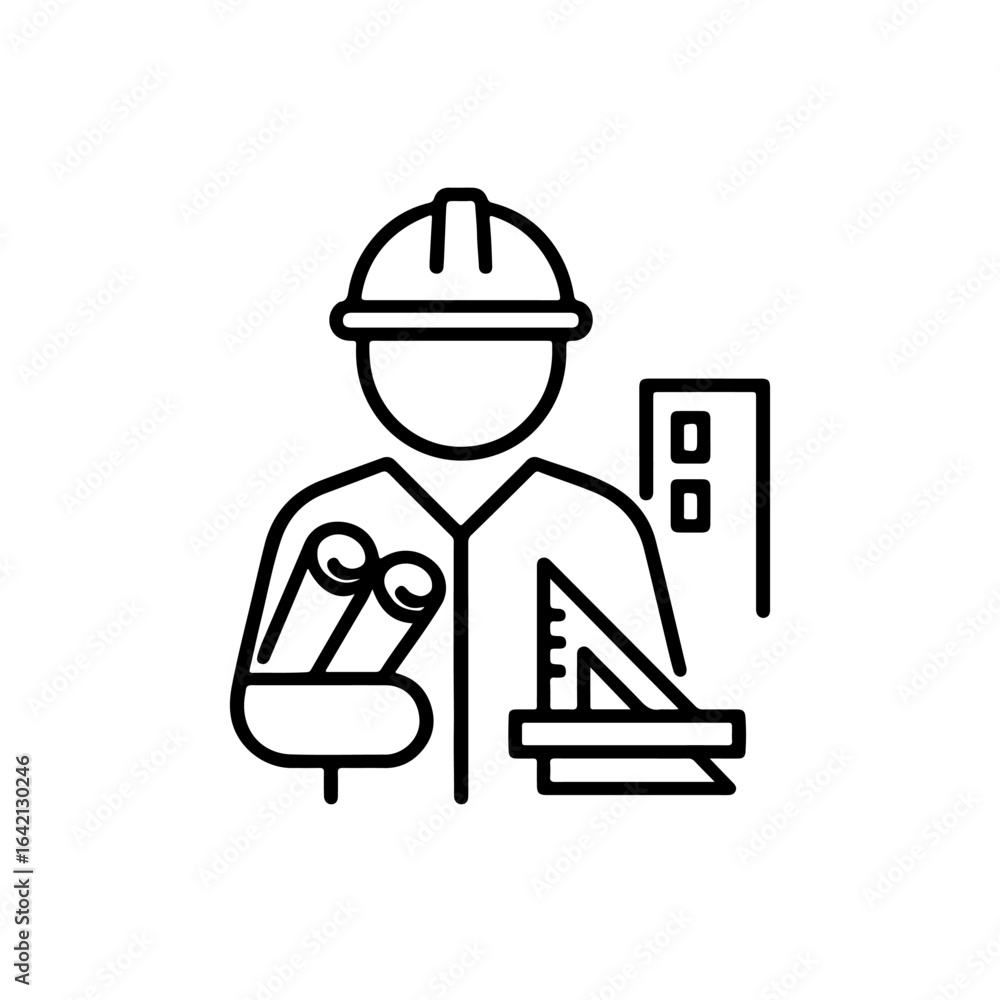 Poster line icon architect with drawings vector on white background vector line icon on white background