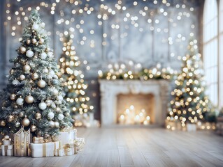 クリスマスツリーと暖炉のある室内風景