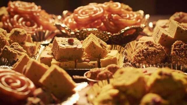 An assortment of indian sweets including barfi and jalebi displayed on platters and bowls in warm lighting