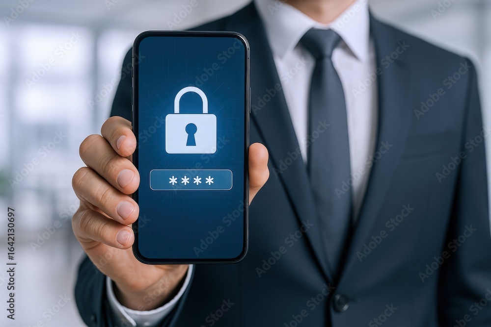 Poster businessman displaying secure smartphone login screen: mobile security, authentication, and data pro
