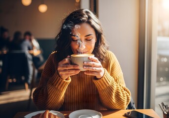 Cozy Morning Moment Woman Enjoying Coffee Aroma and Warmth in a Sunlit Cafe with Pastries