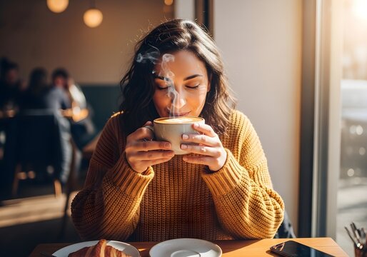 Cozy Morning Moment Woman Enjoying Coffee Aroma and Warmth in a Sunlit Cafe with Pastries - Powered by Adobe