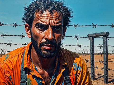 dark man refugee in camp surrounded by barbed wire