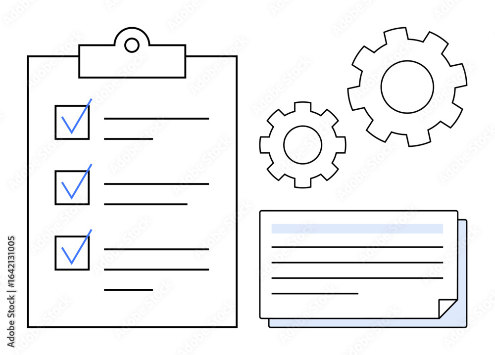 Poster clipboard with checklist, gears, and documents symbolizing organization, workflow, task management, 