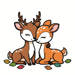Sweet Cartoon Deer Pair with Colorful Leaves Clipart for Kids Room Wall Art and Nature Themed Projects