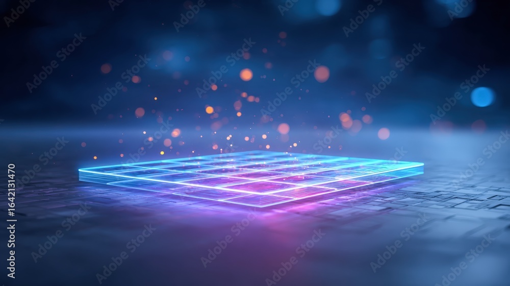 Poster futuristic platform with neon grid and bokeh lights, ideal for product display and technology concep