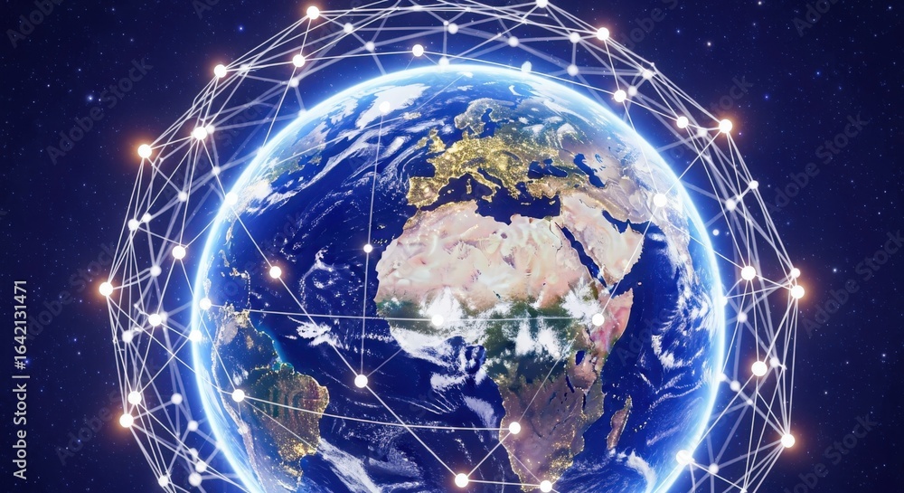 Poster global network connection: earth surrounded by digital mesh representing worldwide communication and