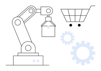 Robotic arm lifting object beside gears and shopping cart icon Ideal for automation, robotics, e-commerce, production, supply chain, technology, business processes simple flat metaphor