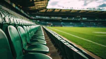 Empty Green Stadium Seating Rows Overlooking the Field, Depicting Anticipation and Potential for Sporting Events