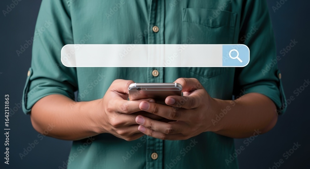 Poster searching online: man using mobile phone with search bar overlay for internet exploration and connec