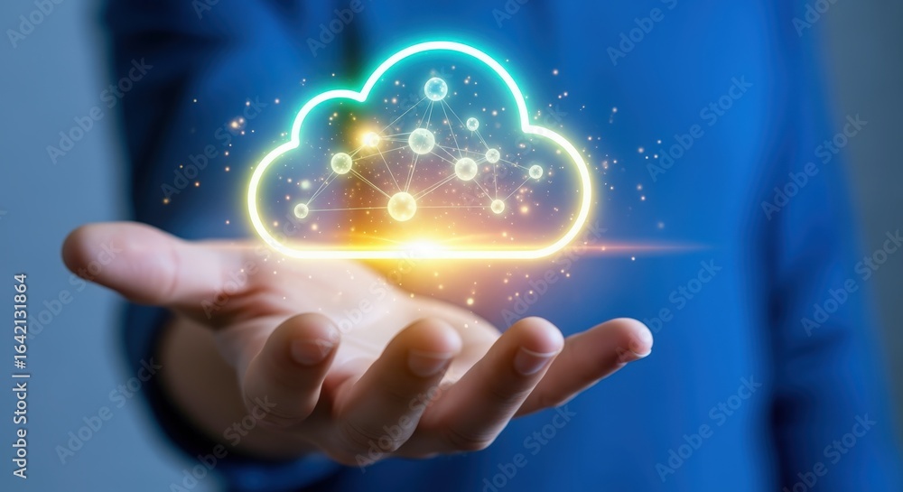 Poster cloud computing concept: a hand holding an abstract cloud symbolizing data and network connectivity