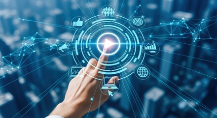 Interactive Media Interface: A Finger Taps Play Button with Digital Marketing Icons Over Blurred Cityscape