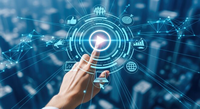 Interactive Media Interface: A Finger Taps Play Button with Digital Marketing Icons Over Blurred Cityscape