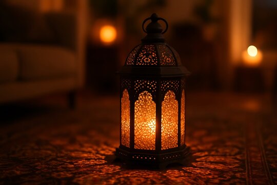 Ornate metal lantern with a warm candle glow in a dimly lit room
