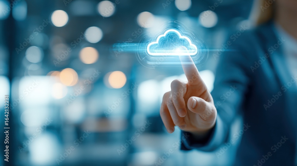 Poster cloud computing interface: woman touching digital cloud icon representing data storage and online se