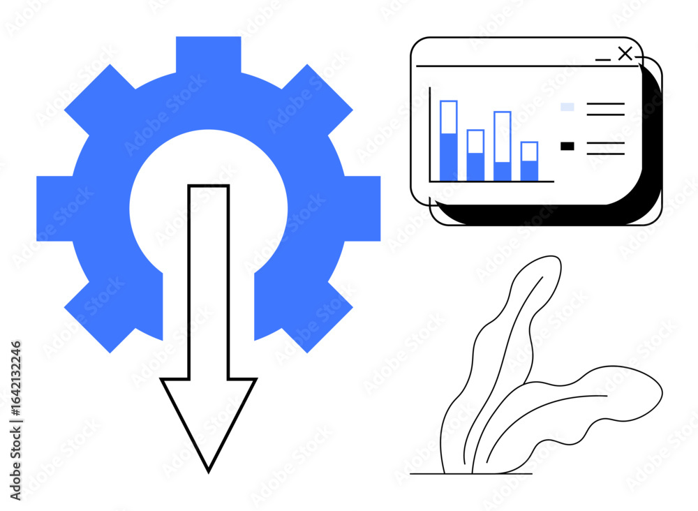 Poster gear with arrow symbolizing optimization, bar graph for analytics, plant element for growth. ideal f