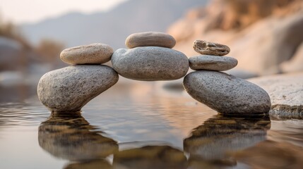 Zen Stones Balance on a River, Reflecting Serenity and Harmony in Nature's Embrace