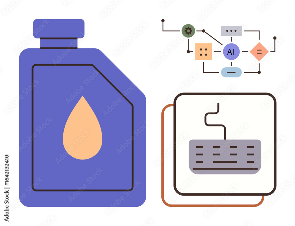 Poster oil container alongside advanced ai process flowchart and wiring chipboard, symbolizing automation, 