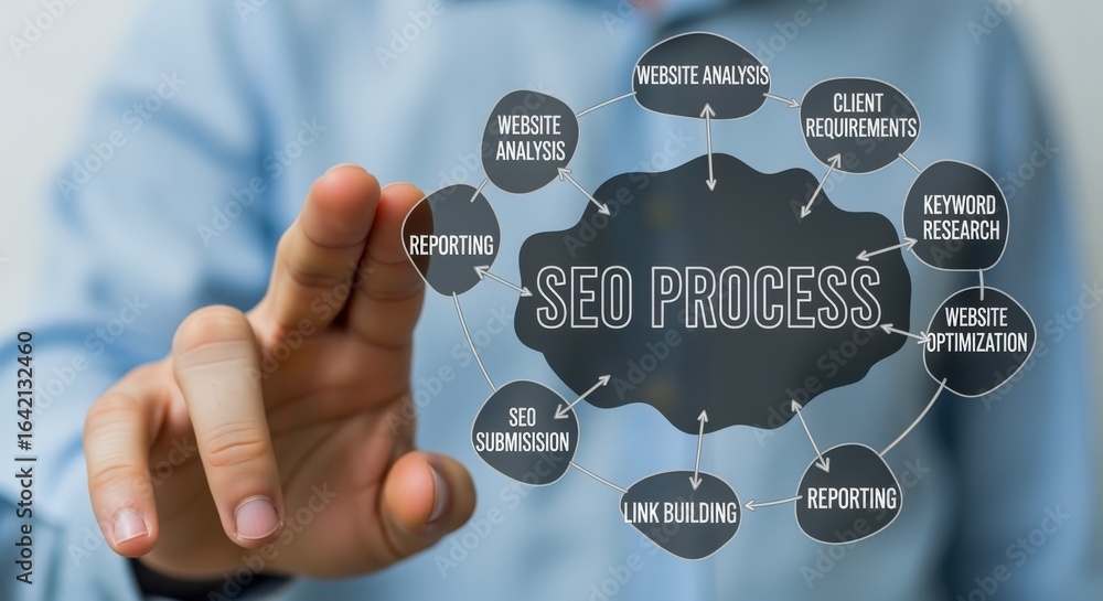 Poster seo process visualization: hand pointing at digital marketing strategy and optimization workflow for