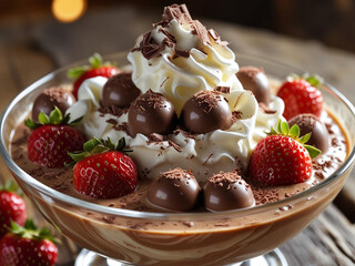Indulgent Strogonoff de Bombom dessert featuring chocolate, whipped cream and fresh strawberries in a glass bowl on a wooden table