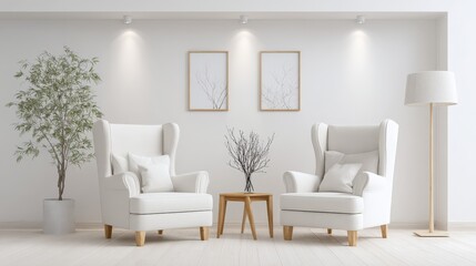 Elegant Living Room Interior with Armchairs, Minimalist Decor, and Natural Light for Relaxation