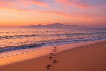Footprints on a sandy beach during a colorful sunset over the ocean