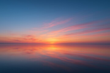 Vibrant sunset over a calm ocean with colorful clouds and reflections