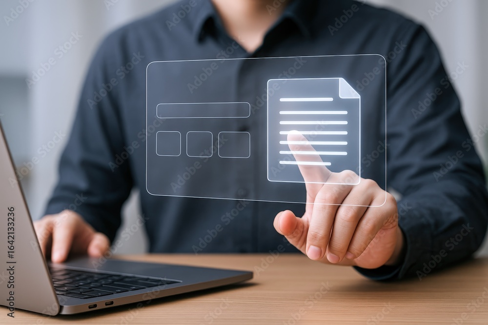 Poster businessman interacting with a digital document interface on a transparent screen, pointing to a fil