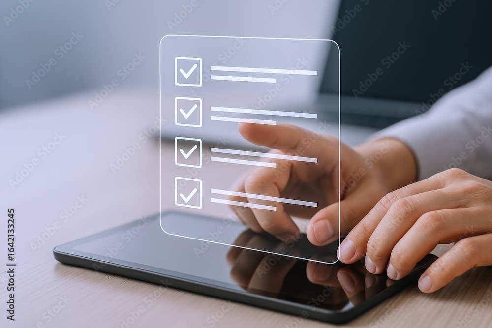 Poster hand taps digital tablet with checklist on screen: task management and productivity concept