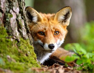Fototapeta premium Fox peeking from behind a tree