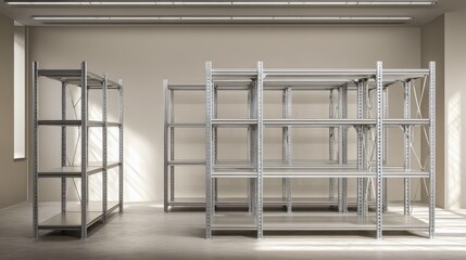 Empty Metal Shelving Units in a Bright Warehouse Ready for Storage and Organization Solutions