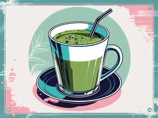 Colorful coffee matcha illustration featuring a retro design with jade, turquoise, and pink shades, perfect for t-shirt graphics