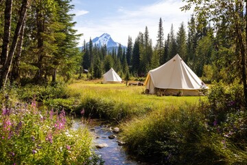 Two canvas tents nestled in a meadow, surrounded by lush forest.