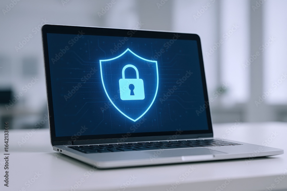 Poster laptop screen displaying digital security shield and lock icon for data protection and cybersecurity