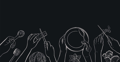 Cooking Class Blackboard Background with White Charcoal Illustration with Human Hands Cook Food, Top View Template
