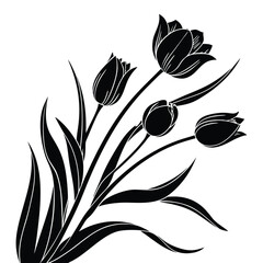 Black Silhouette of Four Tulips with Leaves on White Background flower black and white