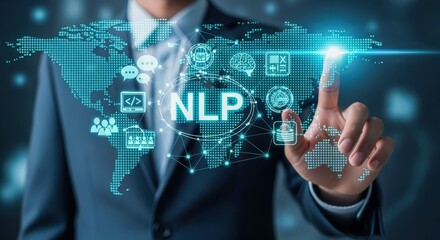 NLP Concept: Businessman Touching Virtual Screen Displaying Artificial Intelligence Technology for Global Business Solutions and Future Innovations
